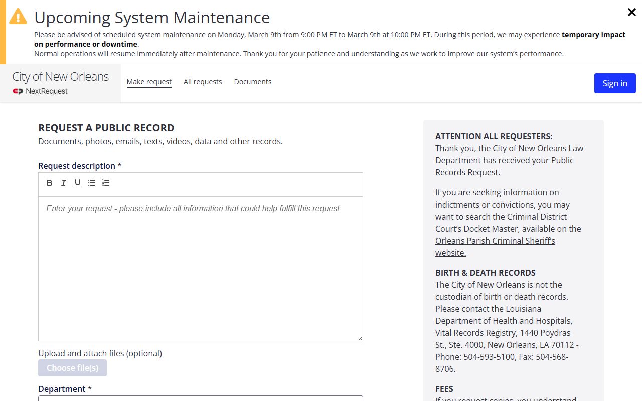 NOPD online records request portal New Orleans sex offender registry