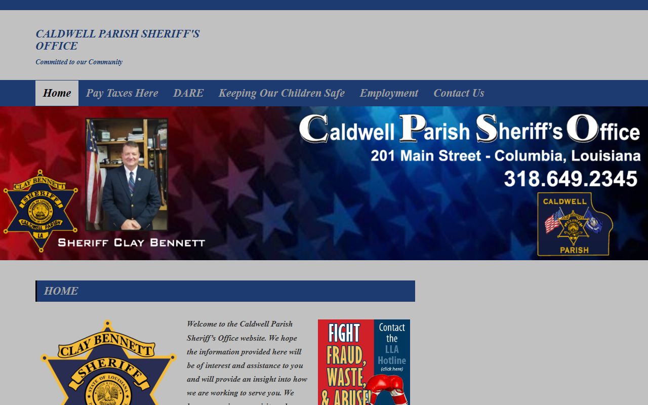 Caldwell Parish Sheriff's Office website showing contact and service information