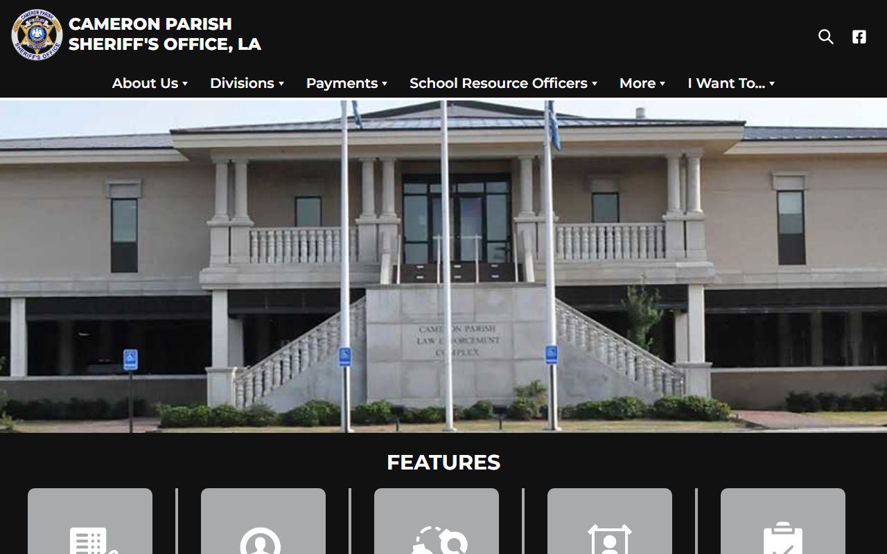 Cameron Parish Sheriff's Office website showing contact information and services for the coastal parish