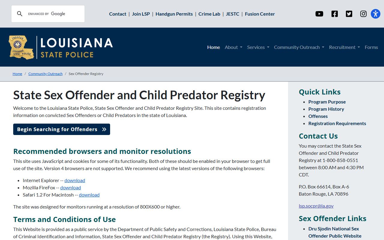 Louisiana State Police sex offender registry search page for Concordia Parish