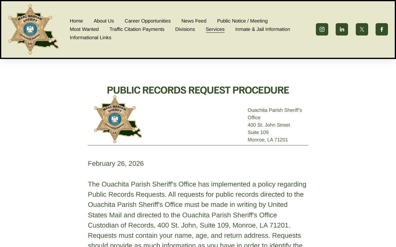 Ouachita Parish Sheriff's Office public records page