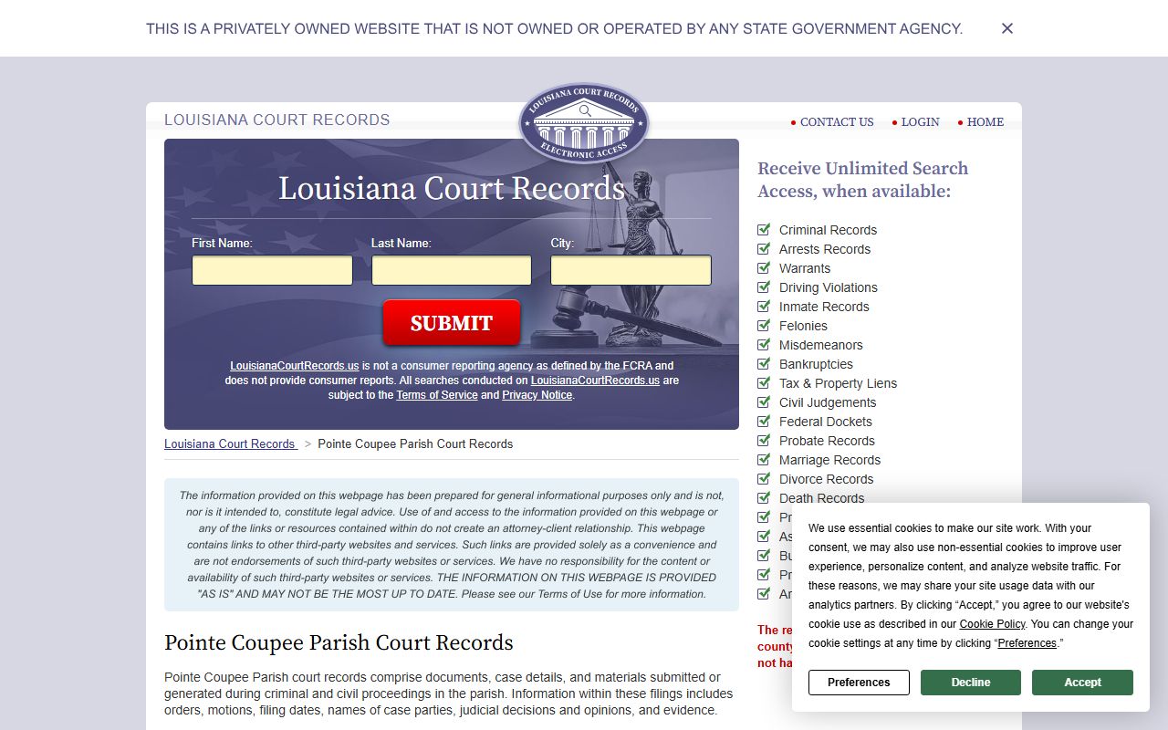 Louisiana court records search for Pointe Coupee Parish