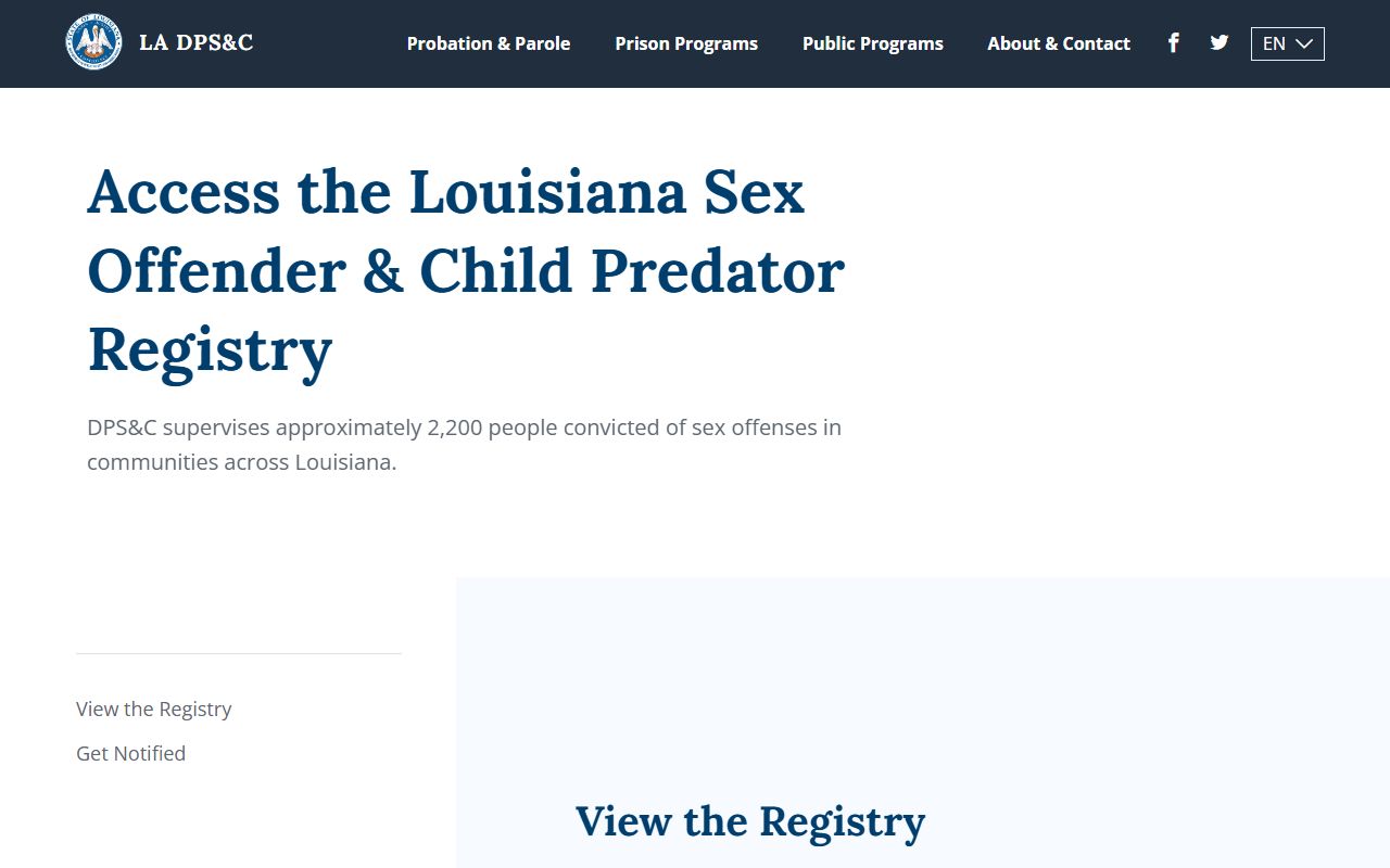Louisiana Department of Corrections sex offender registry page