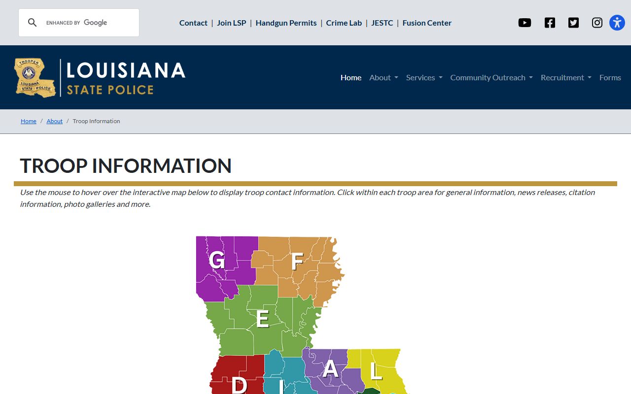 Louisiana State Police troop information page