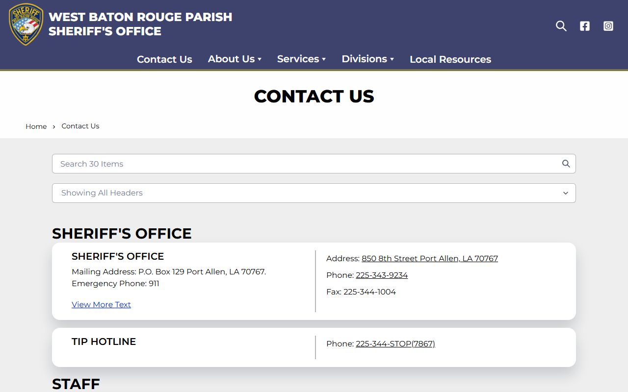 West Baton Rouge Parish Sheriff's Office contact page