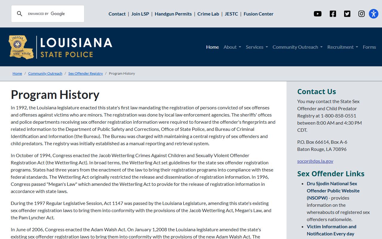 Louisiana sex offender registry program purpose and information page